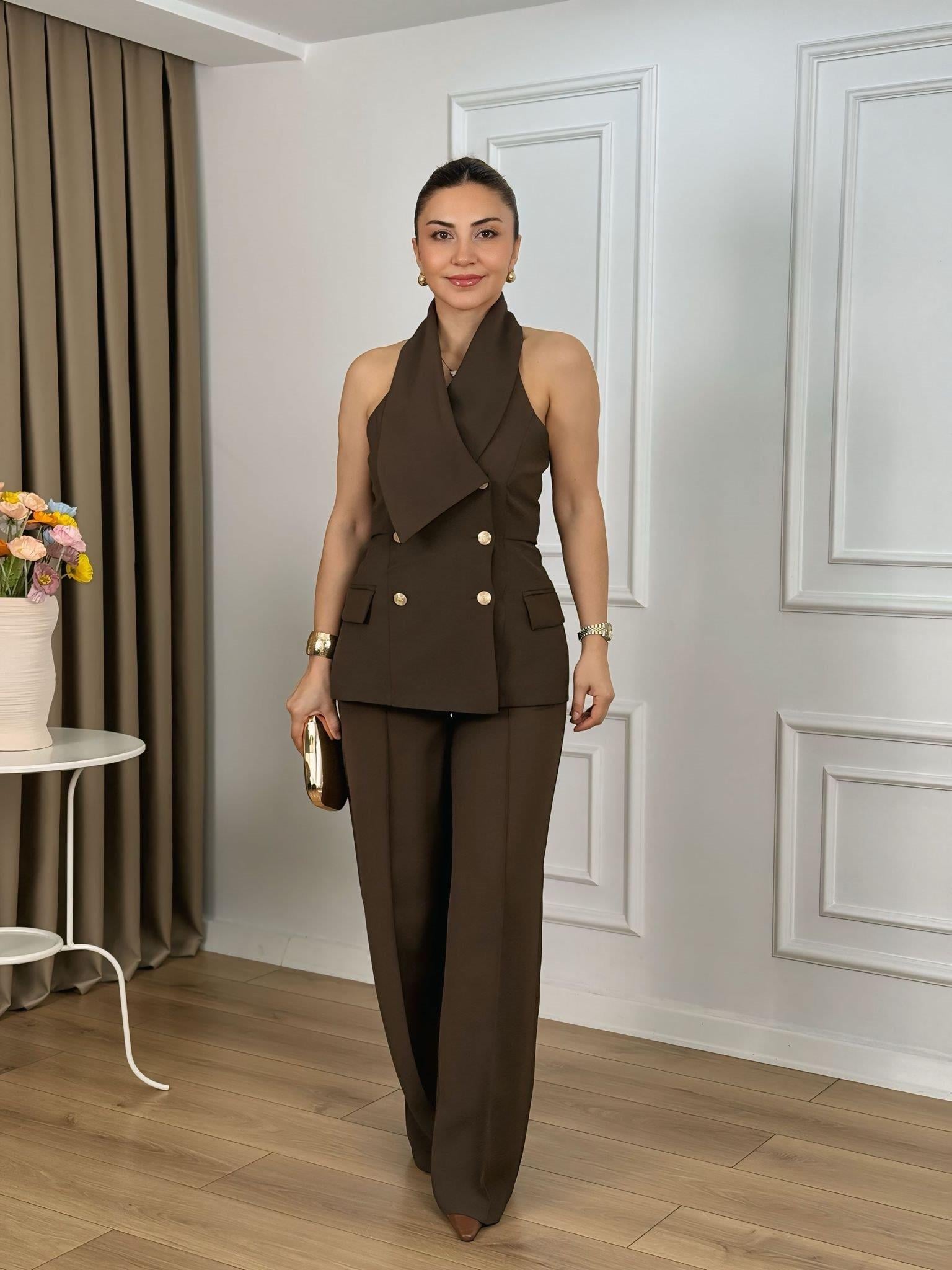 Kahve Halter Yaka Düğmeli Yelek Pantolon Takım 9692