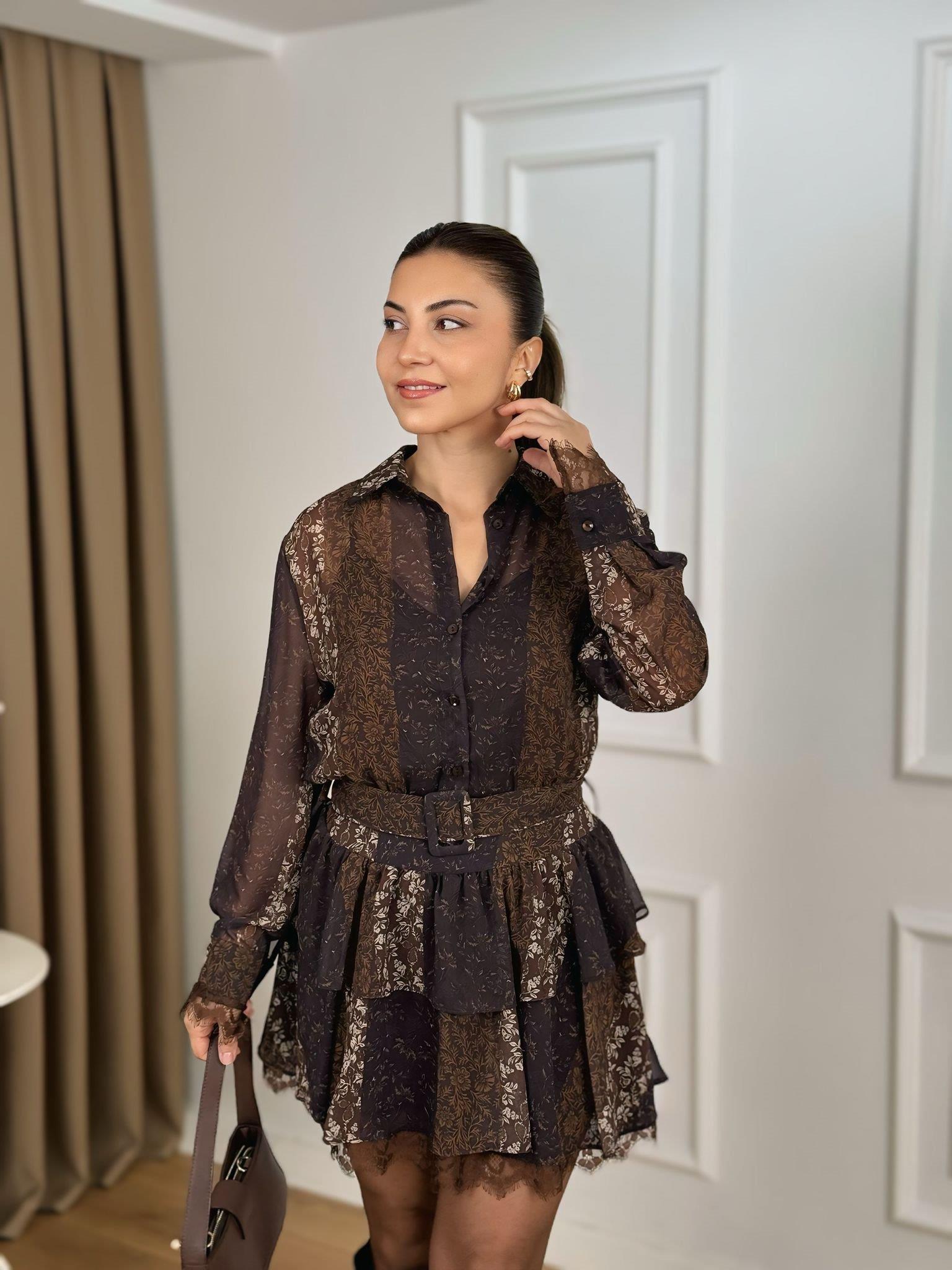 Kahve İçi Atletli Astarlı Kemerli Çiçekli Şfon Elbise 35539