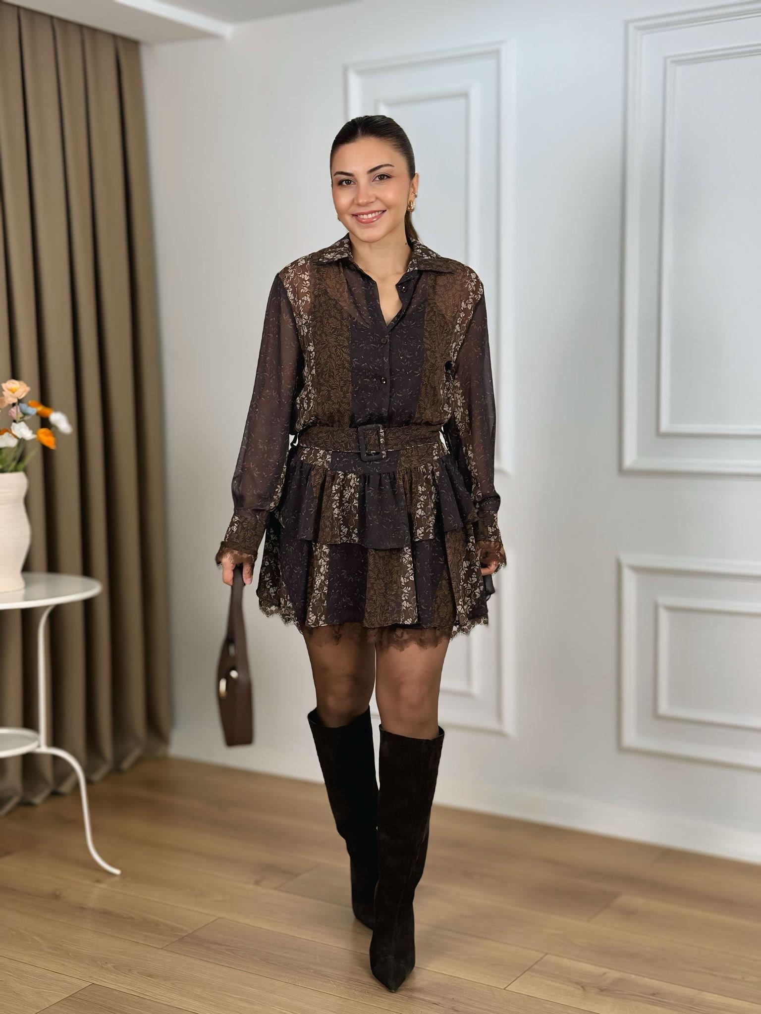 Kahve İçi Atletli Astarlı Kemerli Çiçekli Şfon Elbise 35539