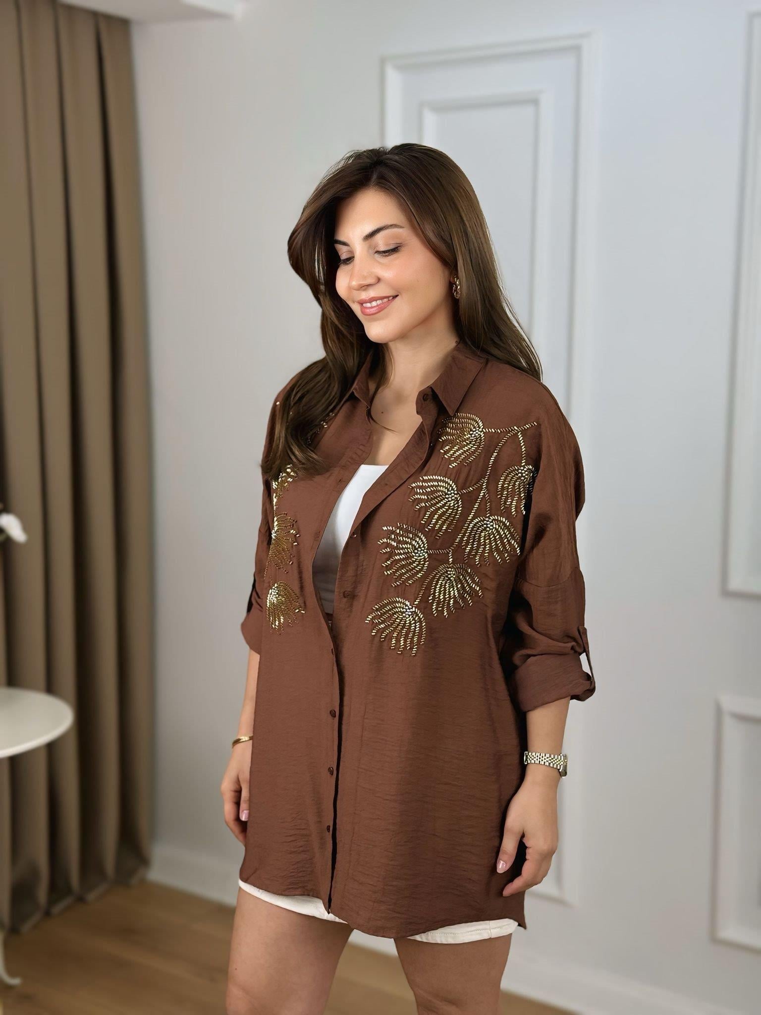 Kahve Lale Nakışlı Gömlek 10442