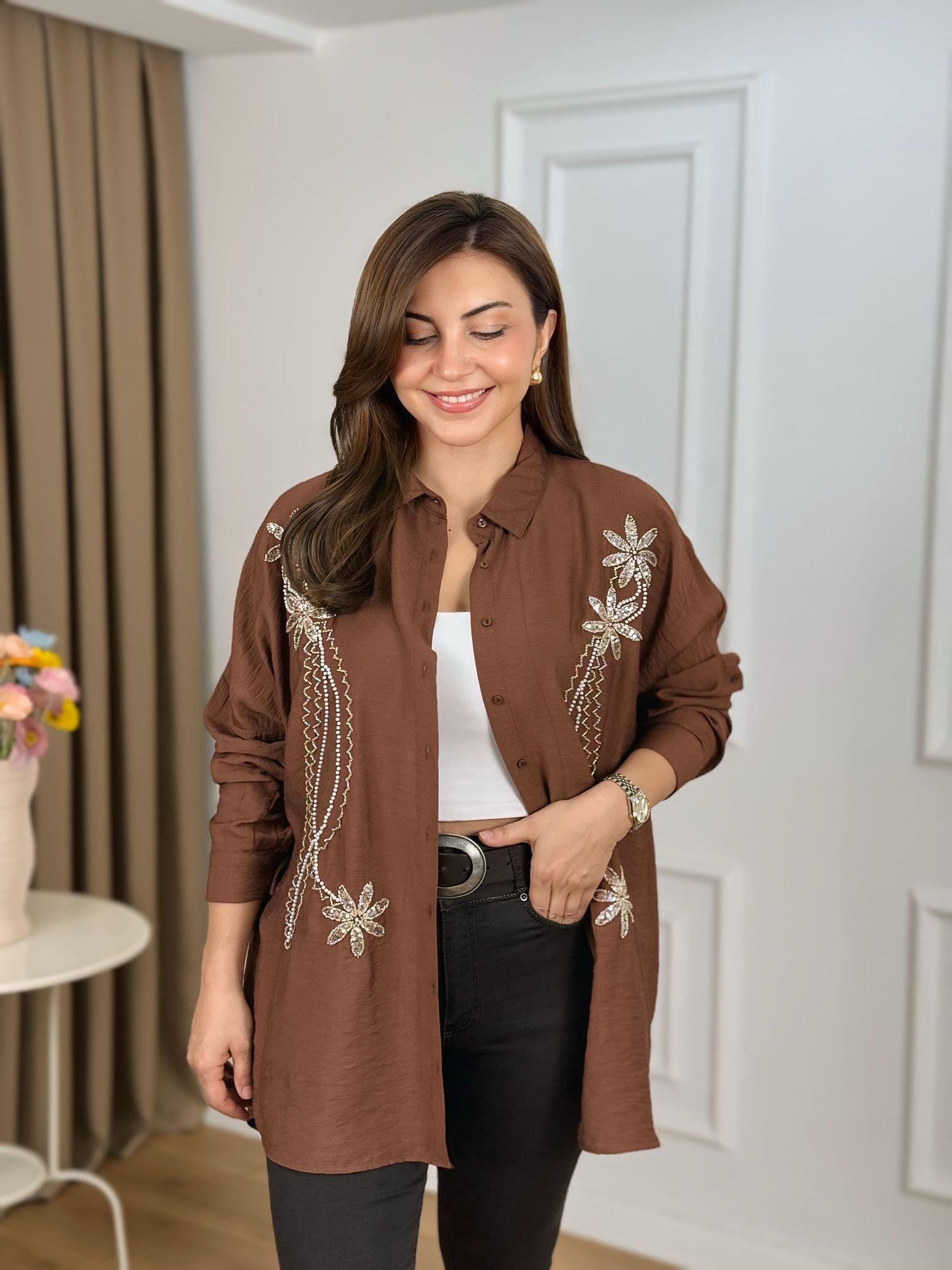 Kahve Üçlü Çiçek Nakışlı İncili Gömlek 10442