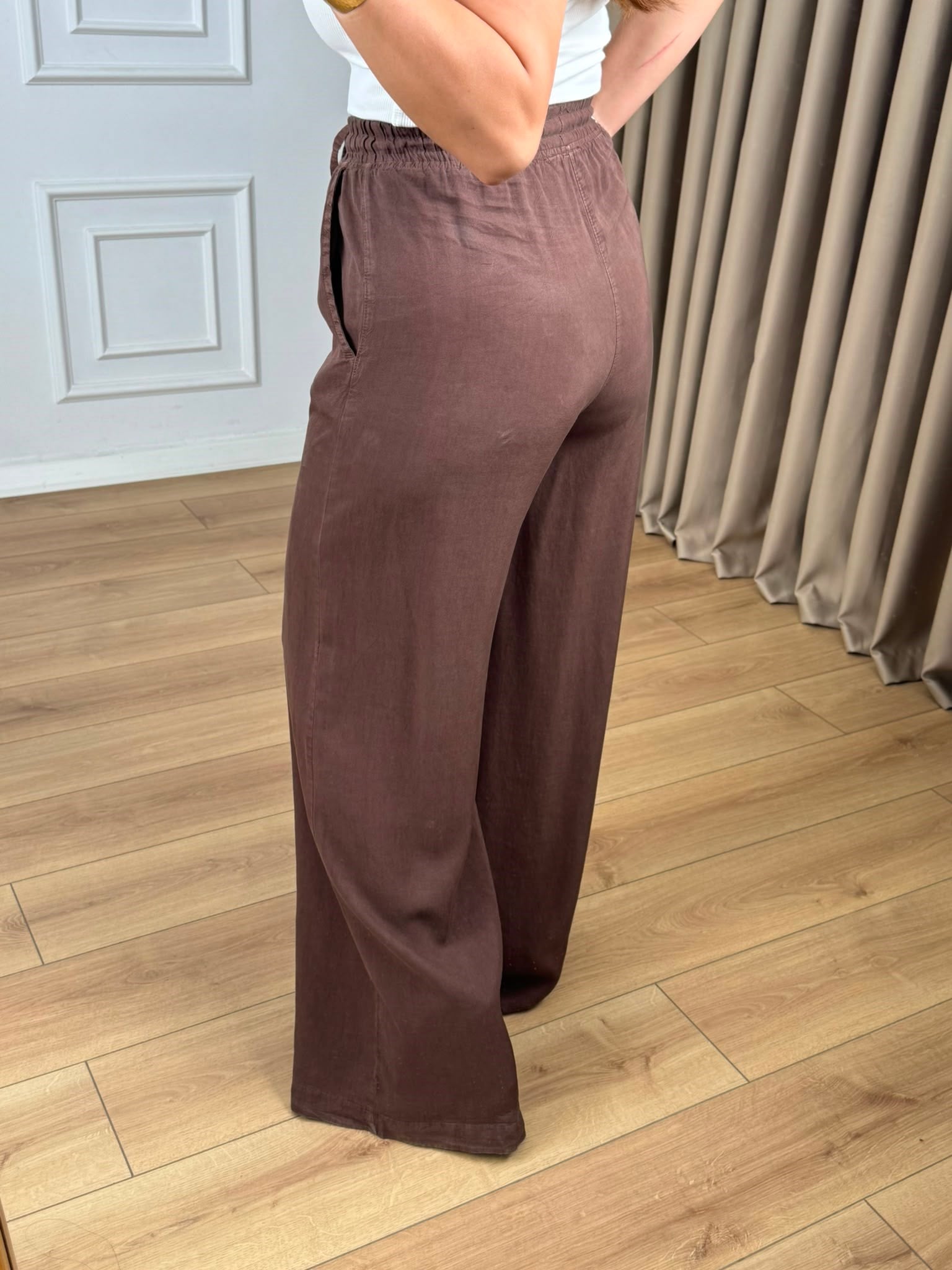 Kahve Yüksek Bel Beli Lastikli Tensel Kumaş  Pantolon 7256
