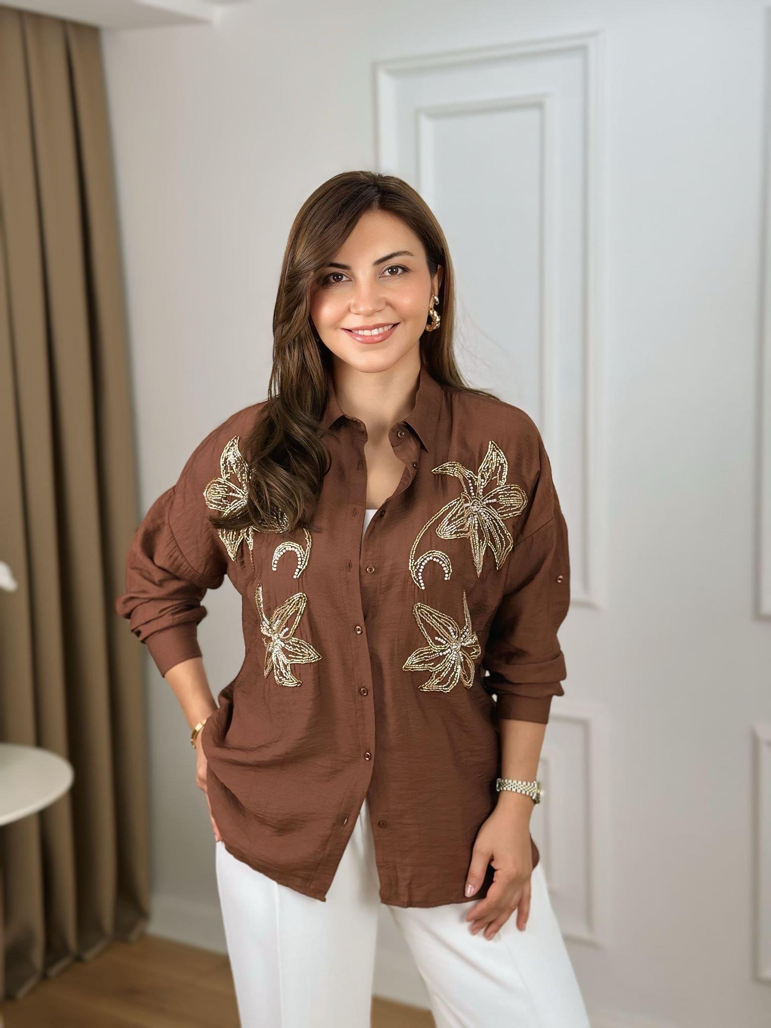 Kahve Zambak Nakışlı Gömlek 10352