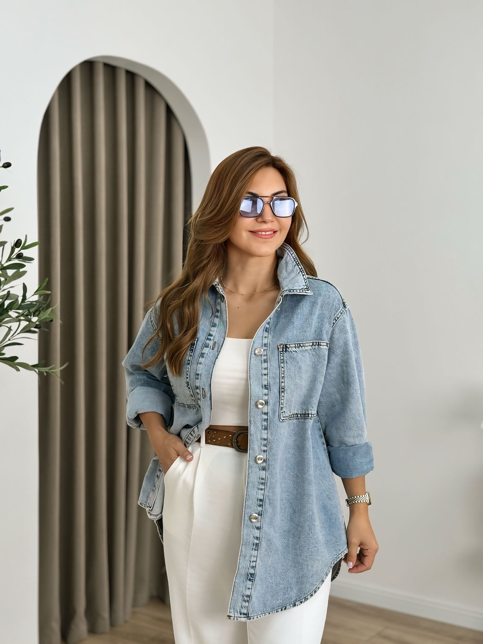 Kar Yıkama  Düğmeli Oversize Gömlek 6082
