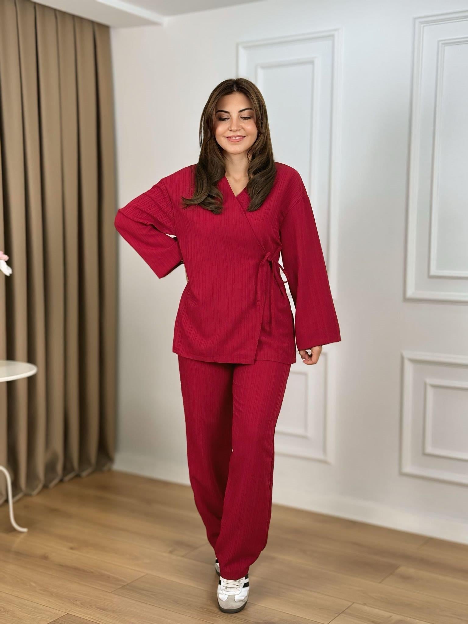 Kırmızı Kruvaze Yaka Bağlamalı Kimono Takım 26118
