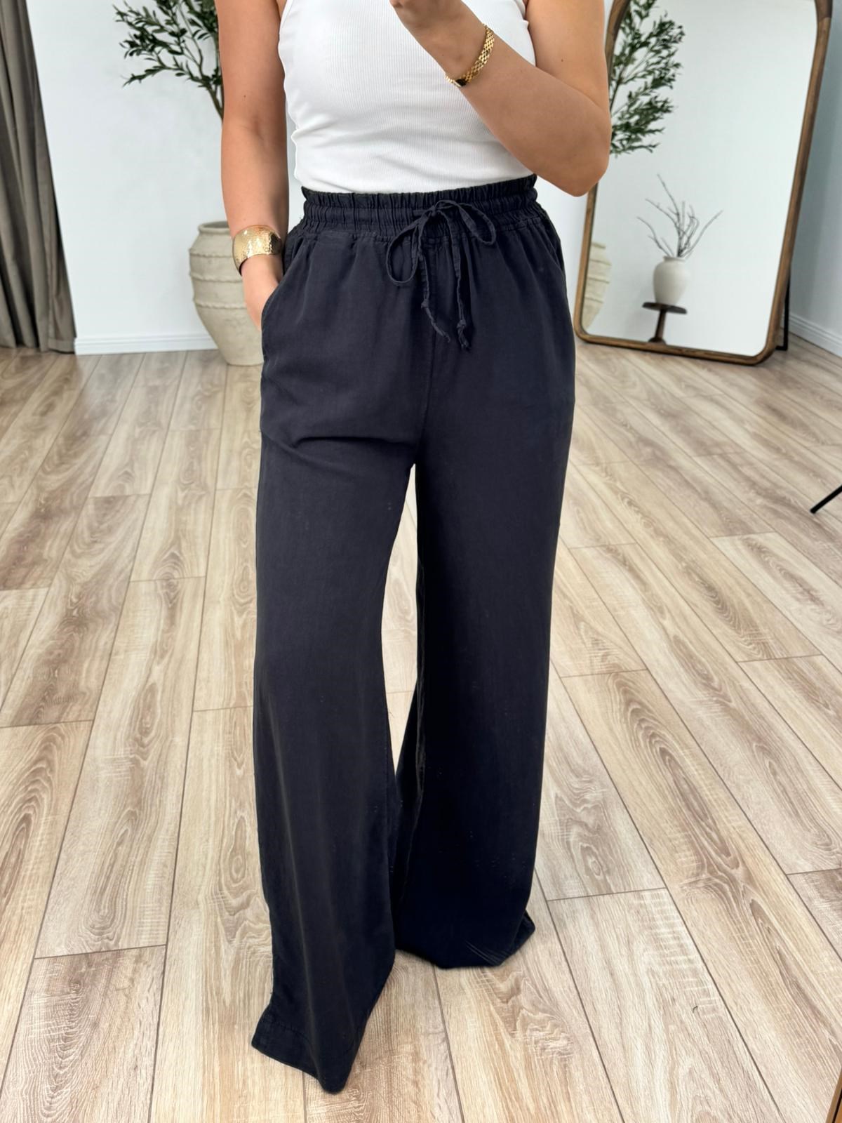 Koyu Füme Yüksek Bel Beli Lastikli Tensel Kumaş  Pantolon 7256