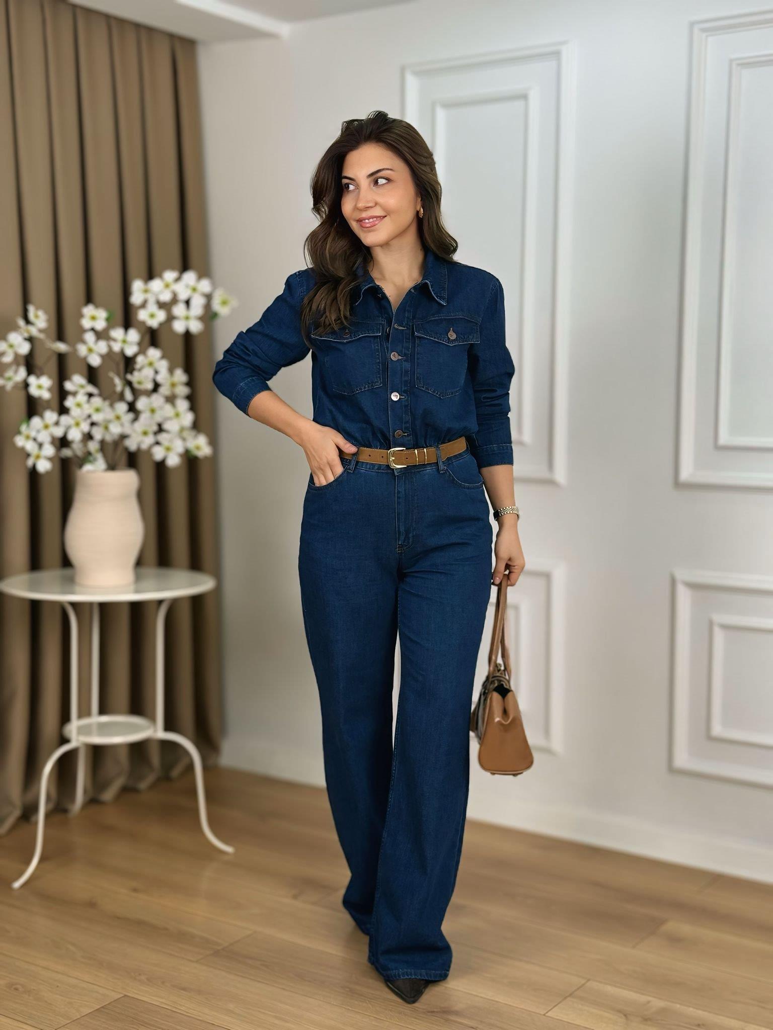 Koyu Mavi Düğmeli Bel Büzgülü Tensel Denim Kumaş Tulum 3038