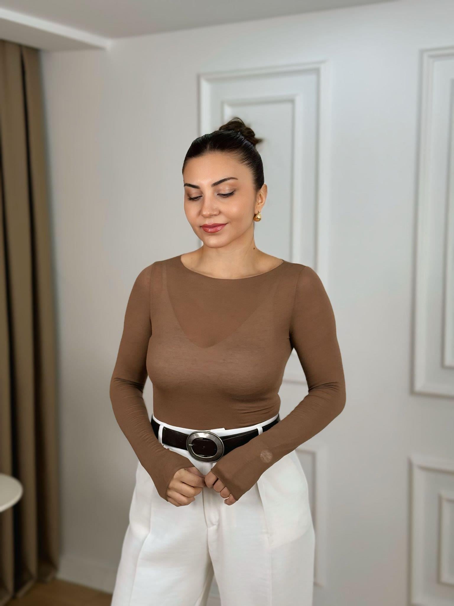 Koyu Vizon Kayık Yaka Modal Kaşmir Ultra Hafif Bluz 32122