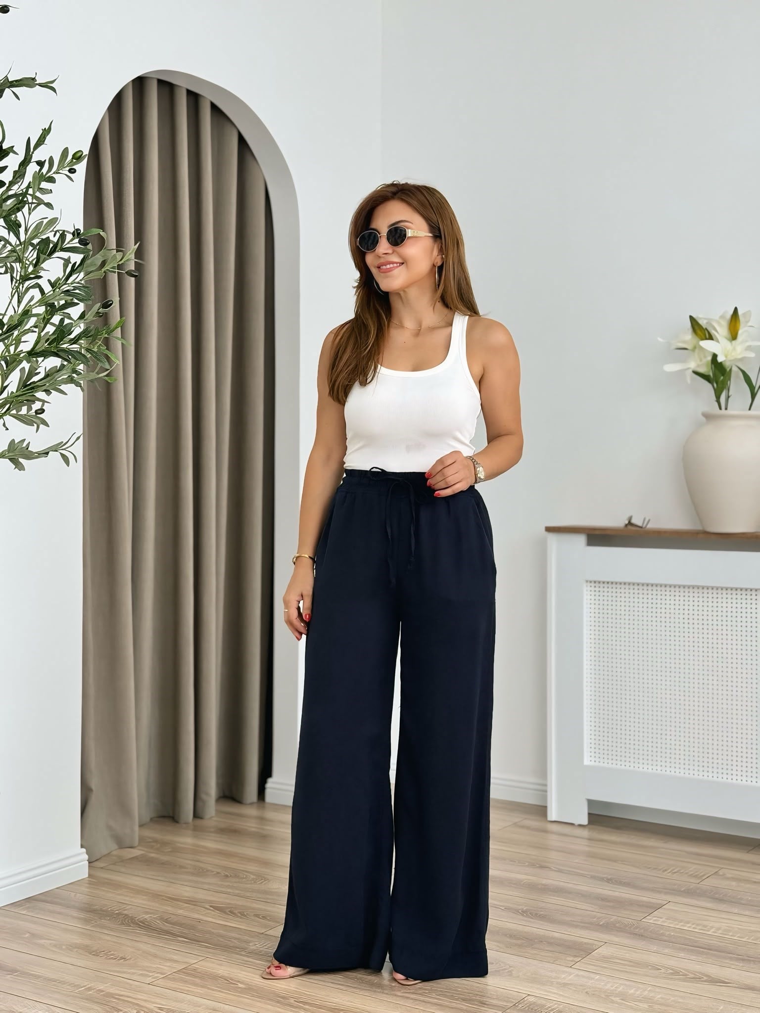 Lacivert Beli Lastikli %100 Pamuk Tensel Kumaş Palazzo Pantolon 7150