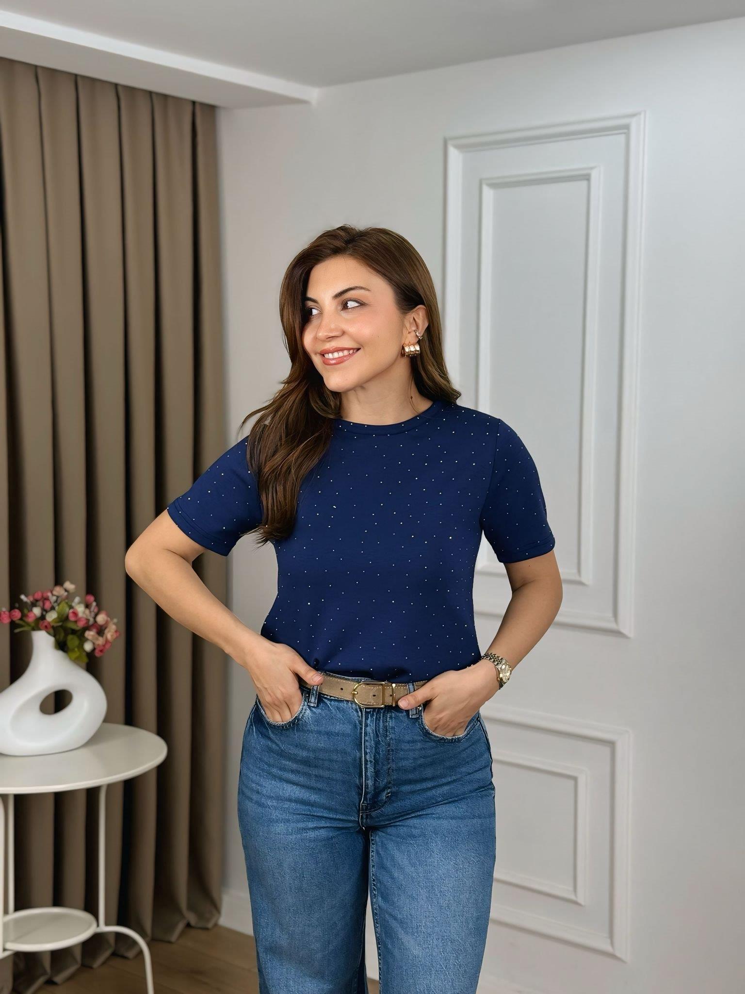Lacivert Bisiklet Yaka Taşlı Modal Kumaş Tshirt 26151
