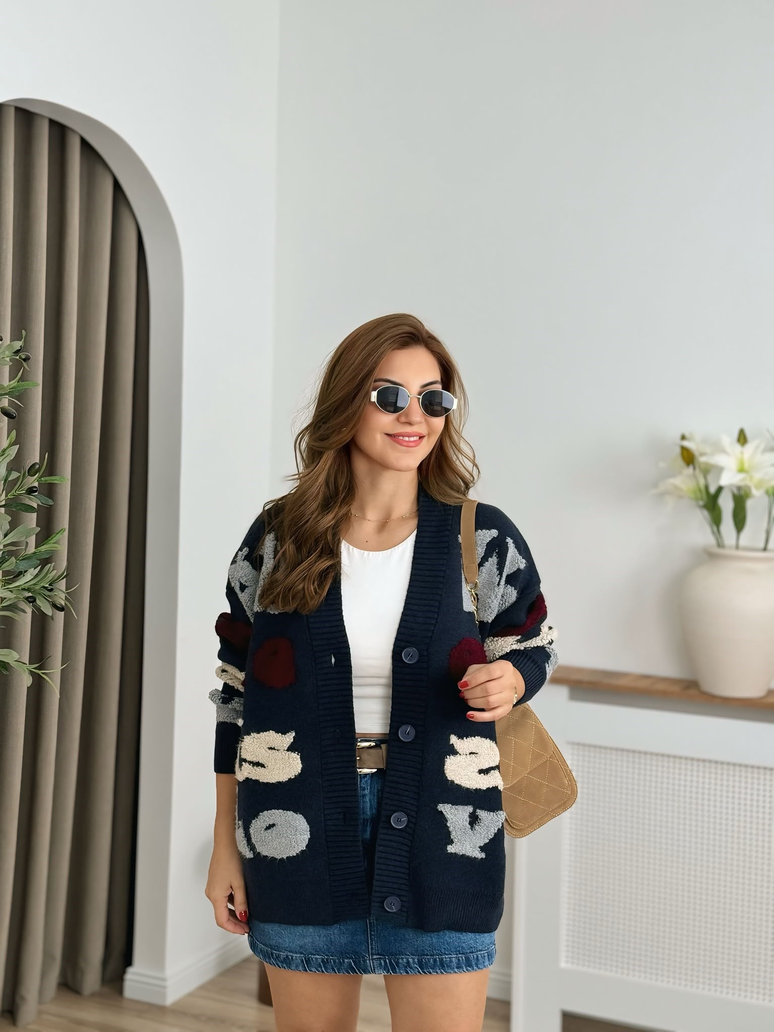 Lacivert Düğmeli Premium Kalite Kabartmalı Oversize Hırka 24824