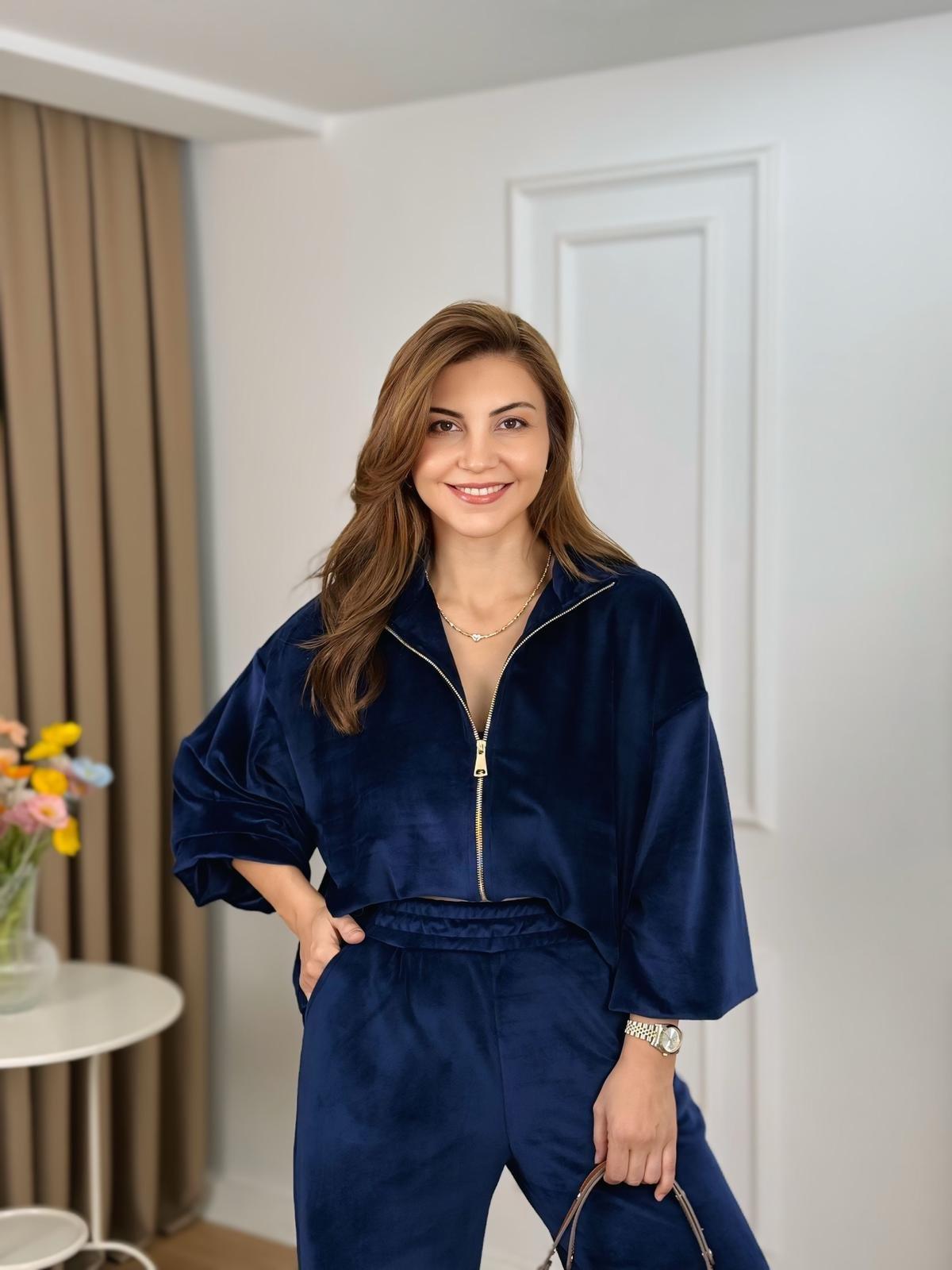 Lacivert Fermuarlı 3 lü Kadife Takım 4554