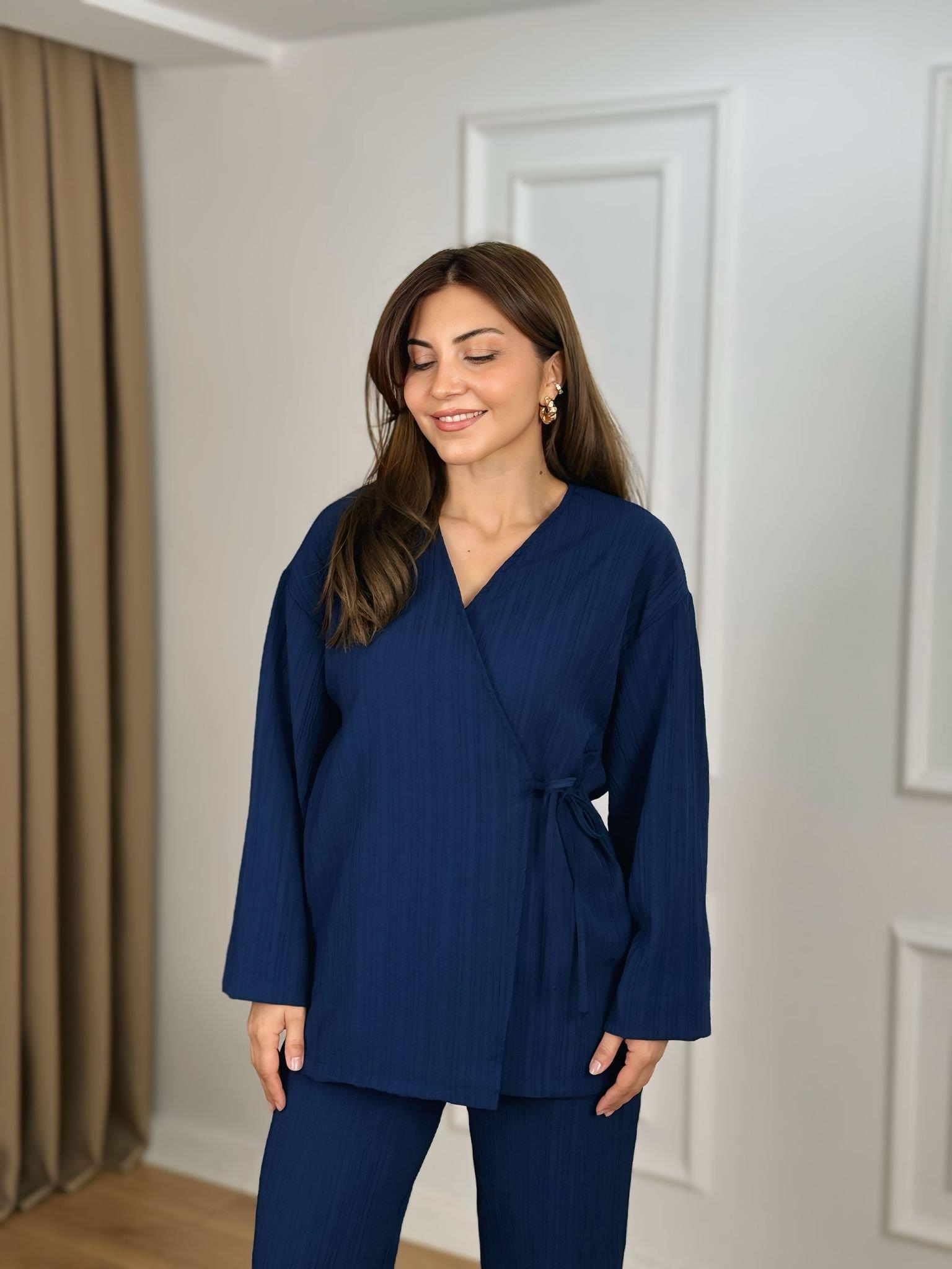 Lacivert Kruvaze Yaka Bağlamalı Kimono Takım 26118