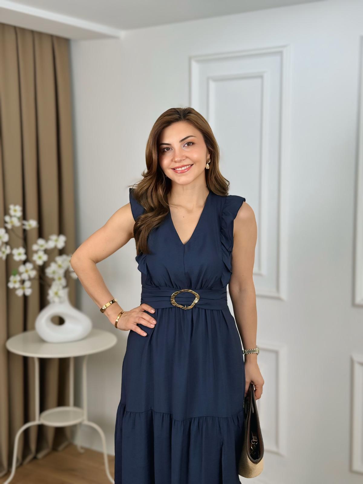 Lacivert V Yaka Gold Tokalı Yırtmaçlı Elbise 265124