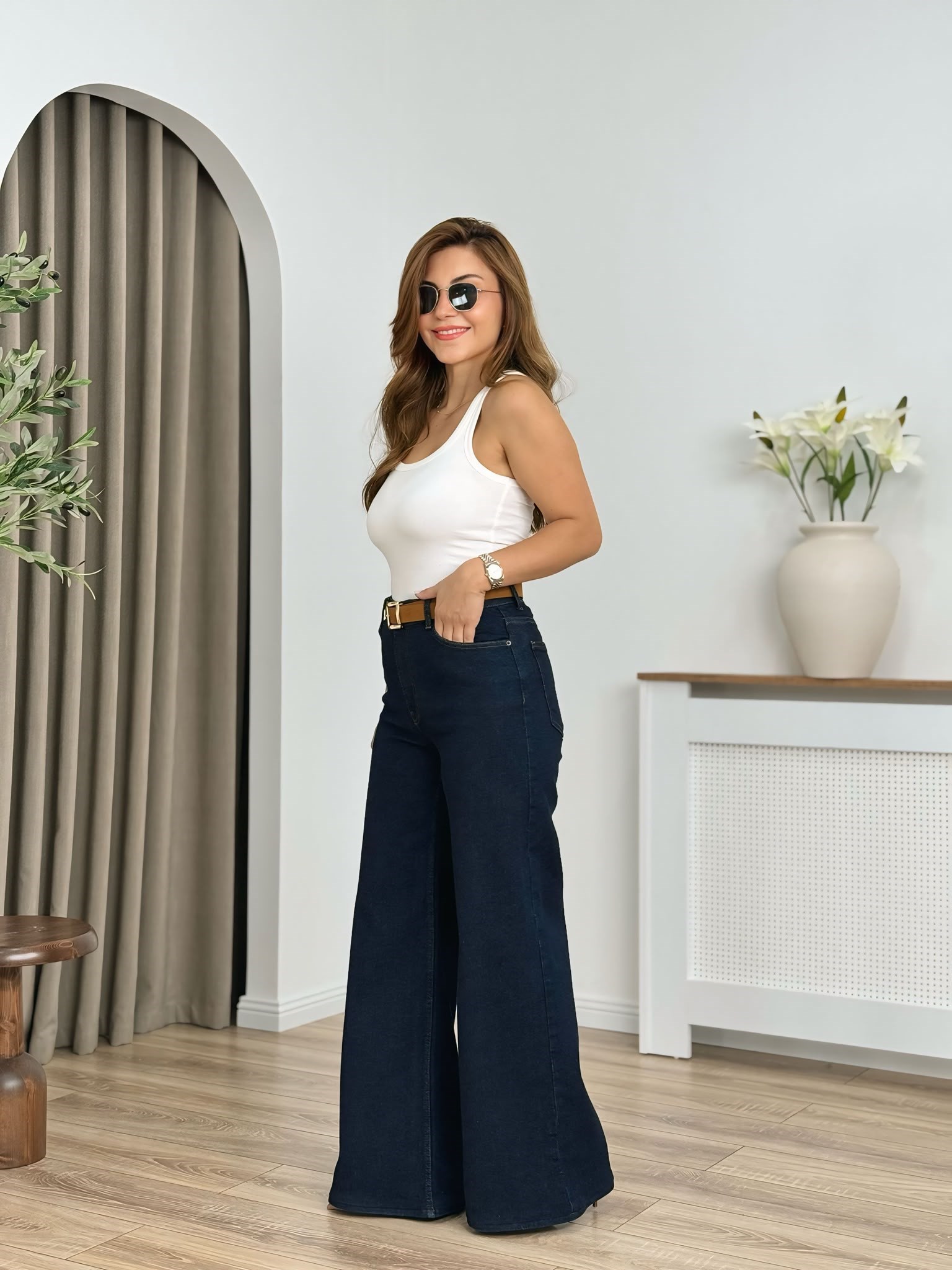Lacivert Yüksek Bel Kemerli Geniş Paça Kot Pantolon 7082