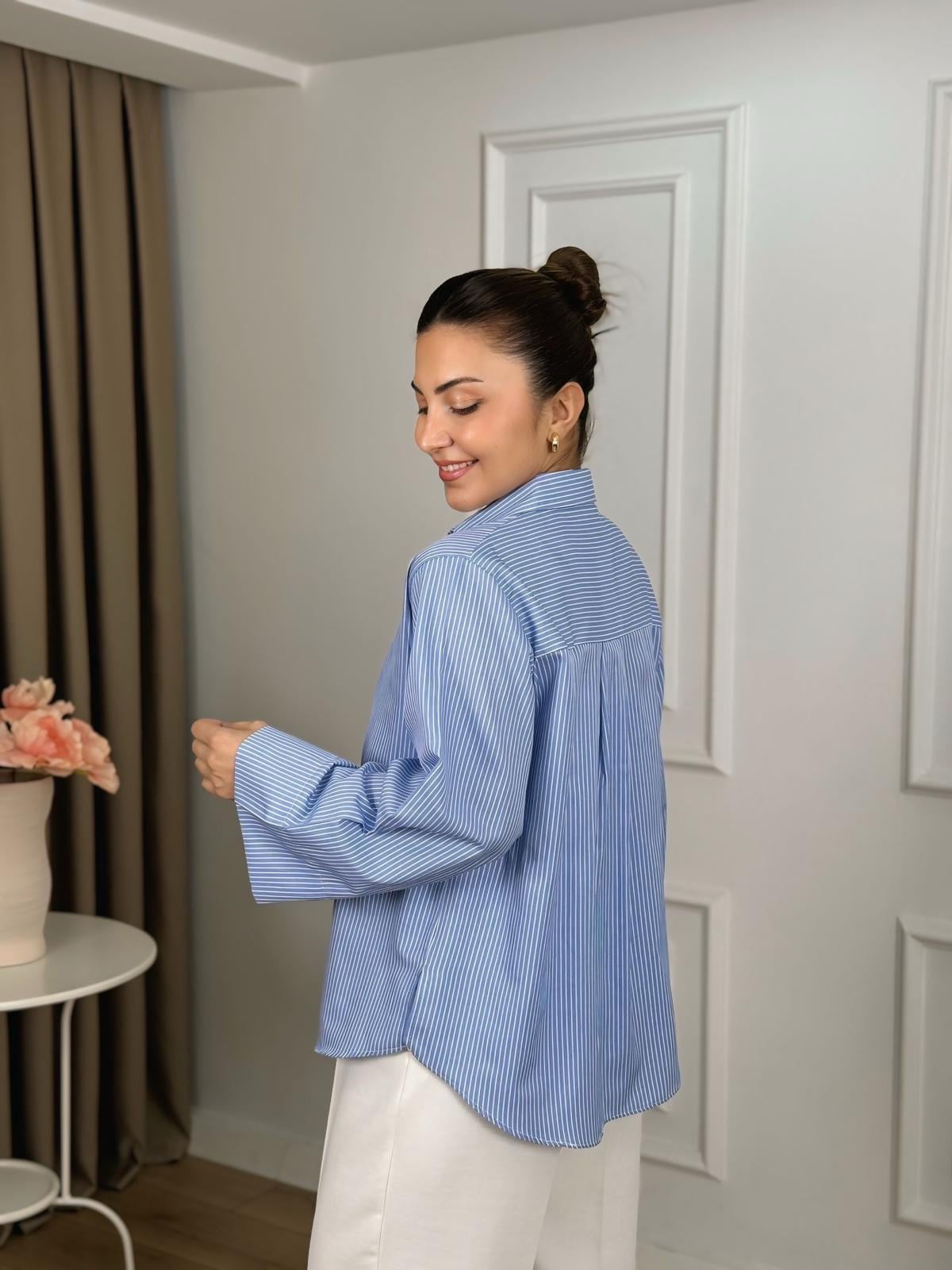 Mavi Kimono Model  Poplin Kumaş Çizgili Gömlek 26113