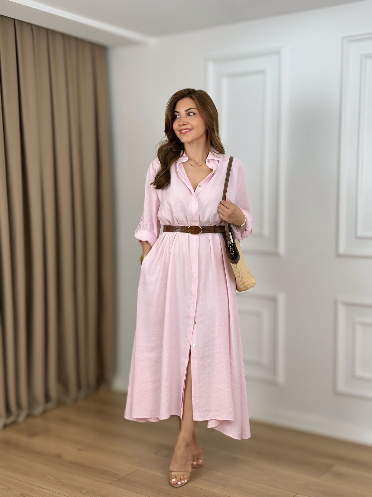 Pembe Boydan Düğmeli Kemerli Cepli Gömlek Elbise 3270