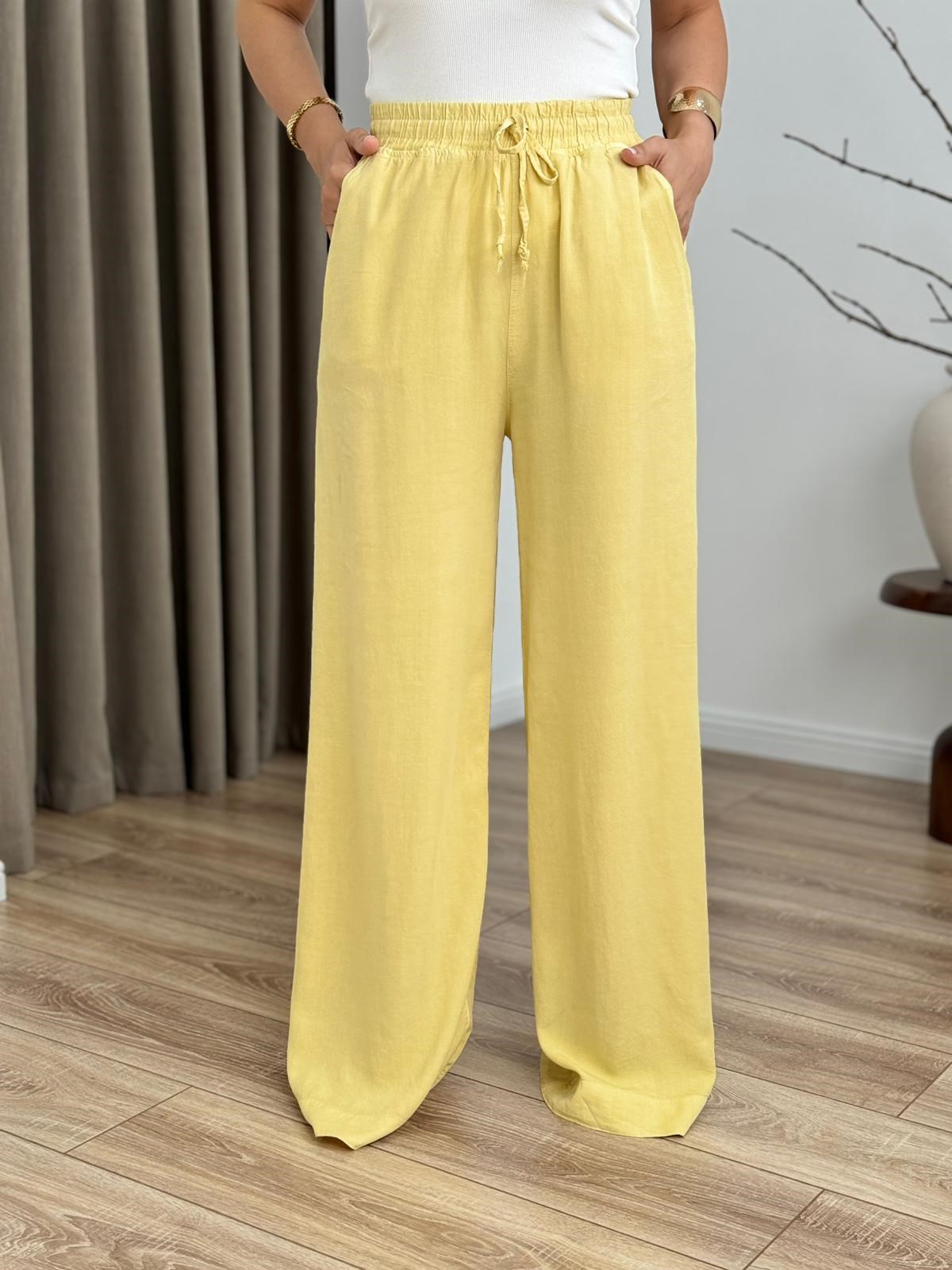 Sarı Yüksek Bel Beli Lastikli Tensel Kumaş  Pantolon 7256