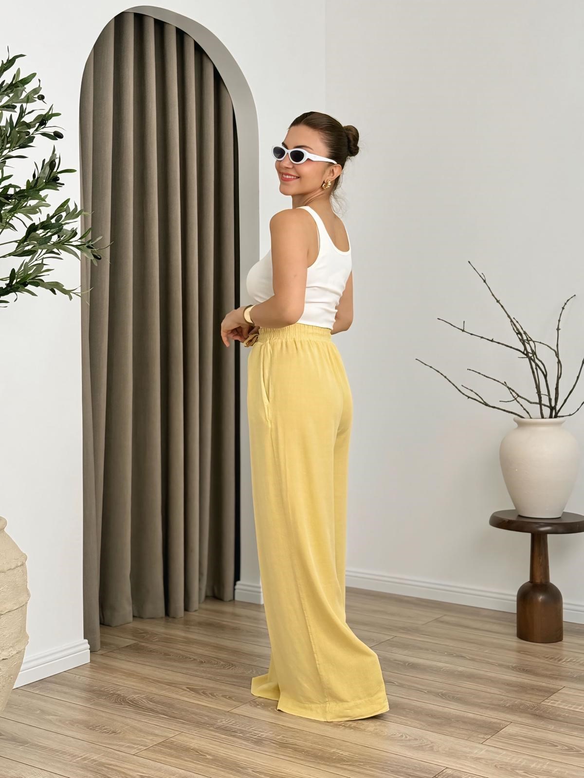 Sarı Yüksek Bel Beli Lastikli Tensel Kumaş  Pantolon 7256