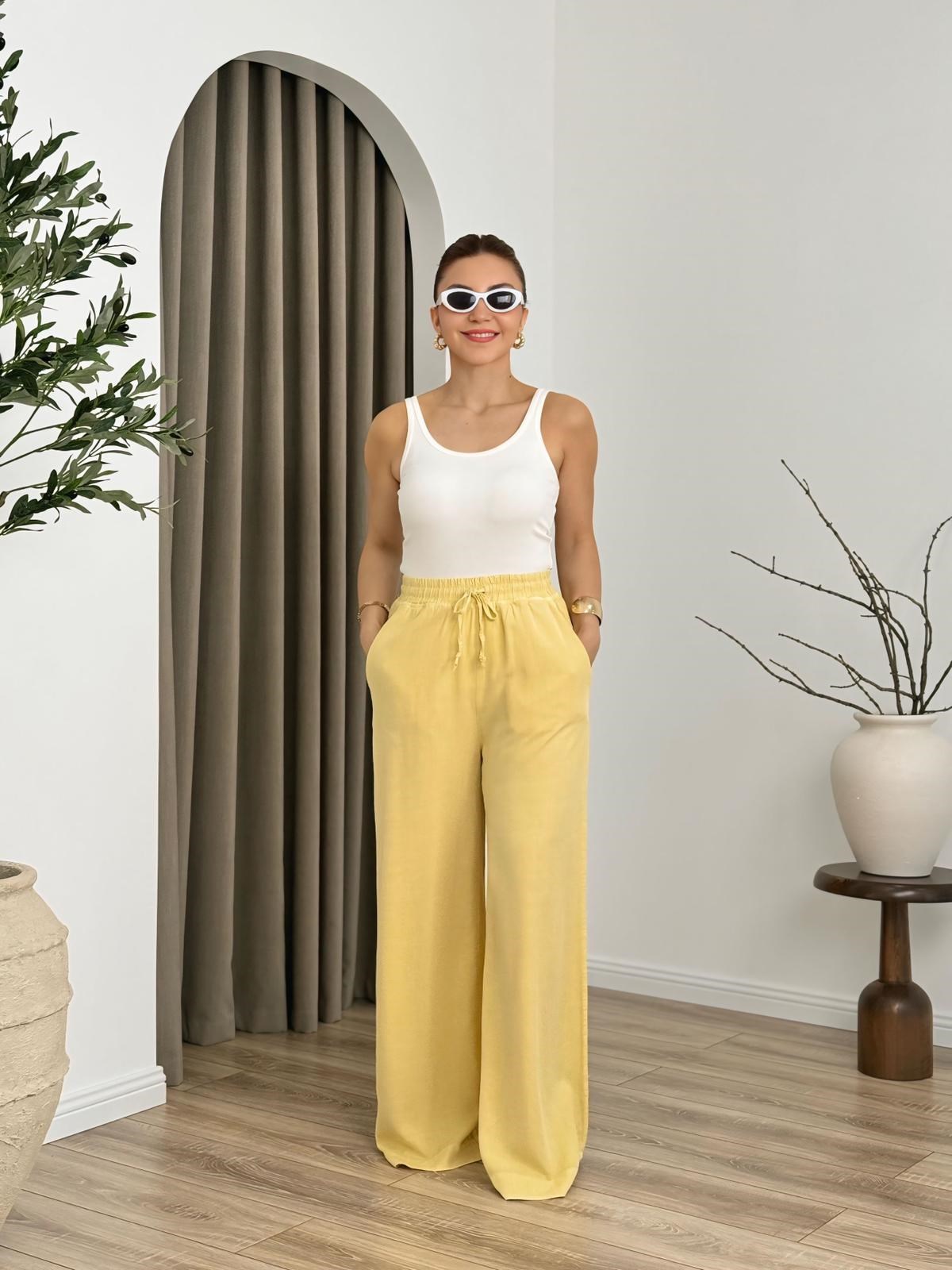 Sarı Yüksek Bel Beli Lastikli Tensel Kumaş  Pantolon 7256