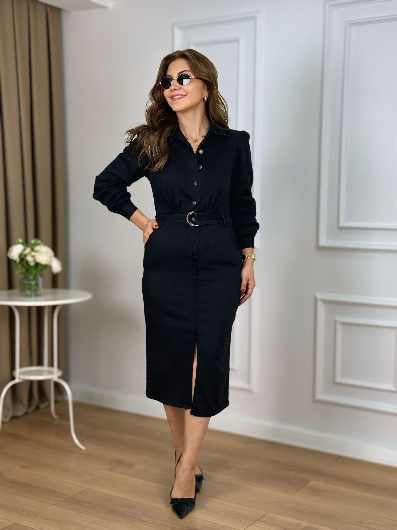 Siyah Gömlek Yaka Yırtmaçlı Likralı Kemerli Lüx Kalite Denim Elbise 9360