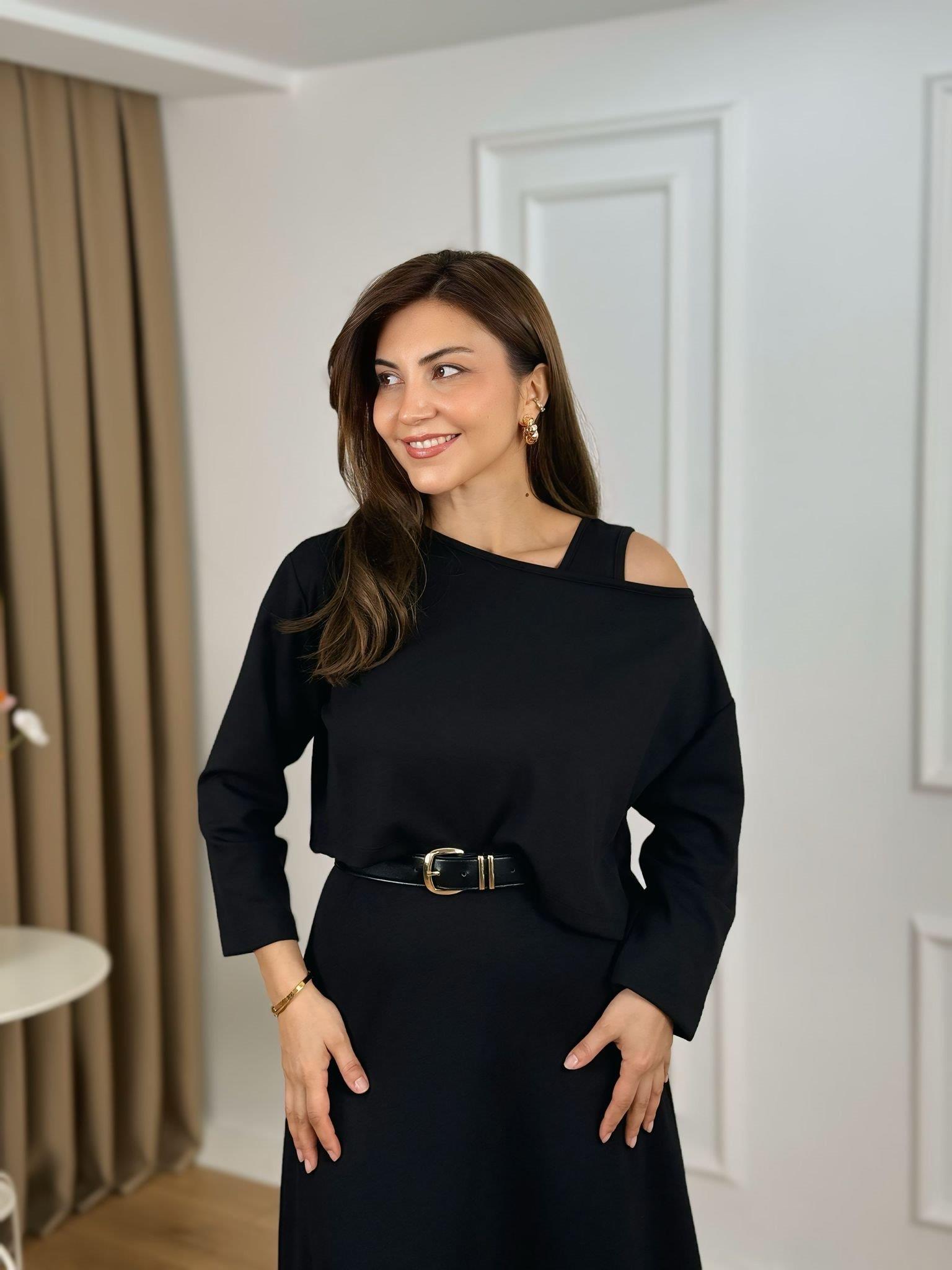 Siyah Kayık Yaka Modal Kumaş İkili Bluz Elbise 26143