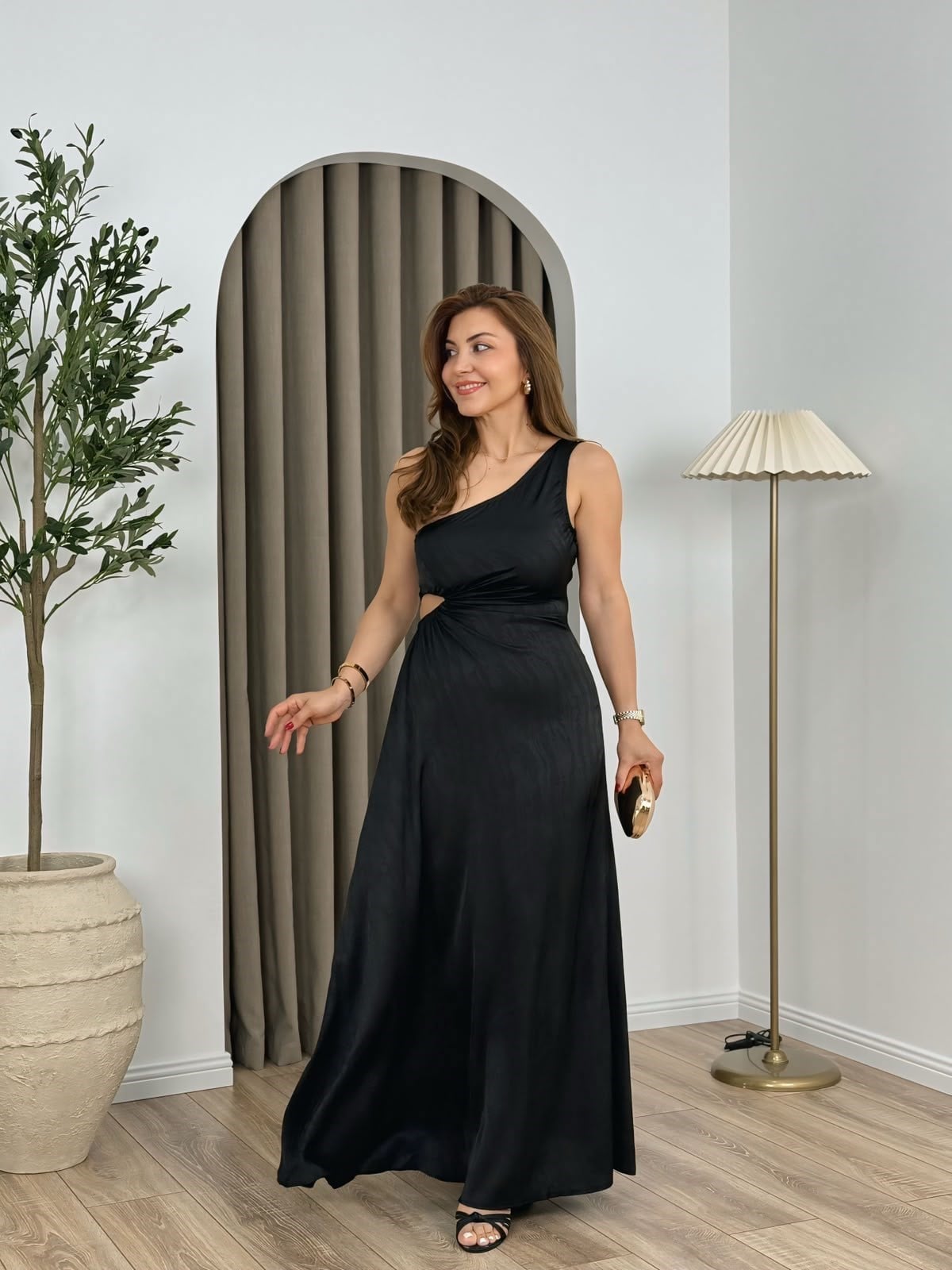 Siyah Tek Omuz Bel Dekolteli Elbise 251654