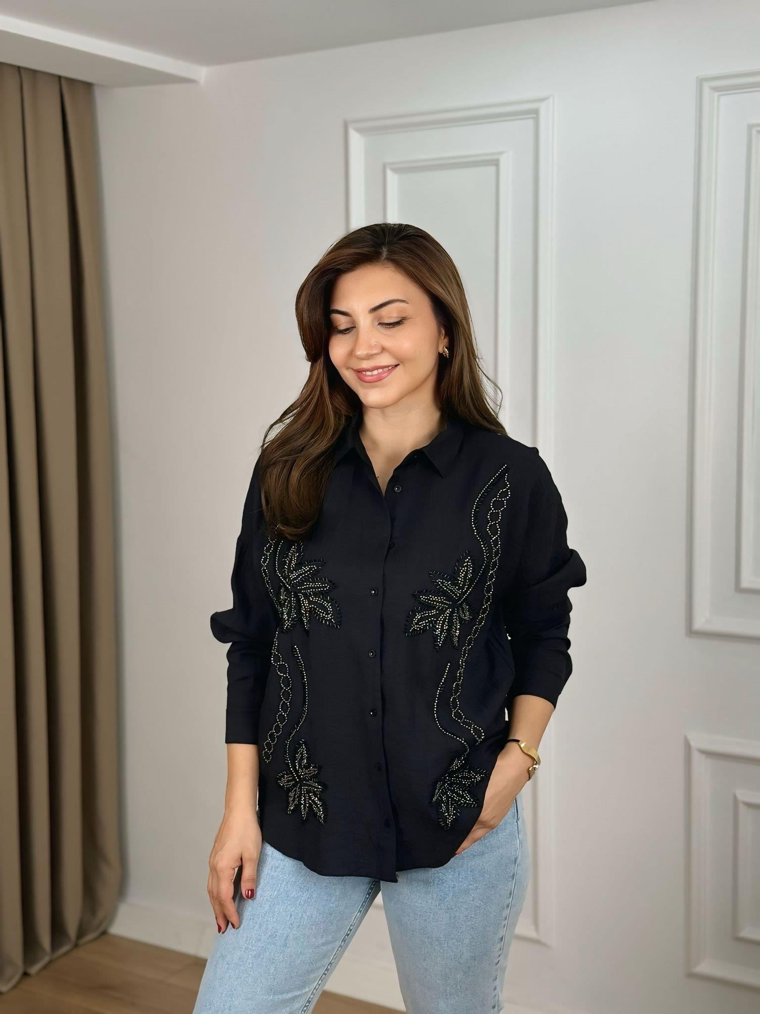 Siyah Yaprak Desenli Gömlek 10362