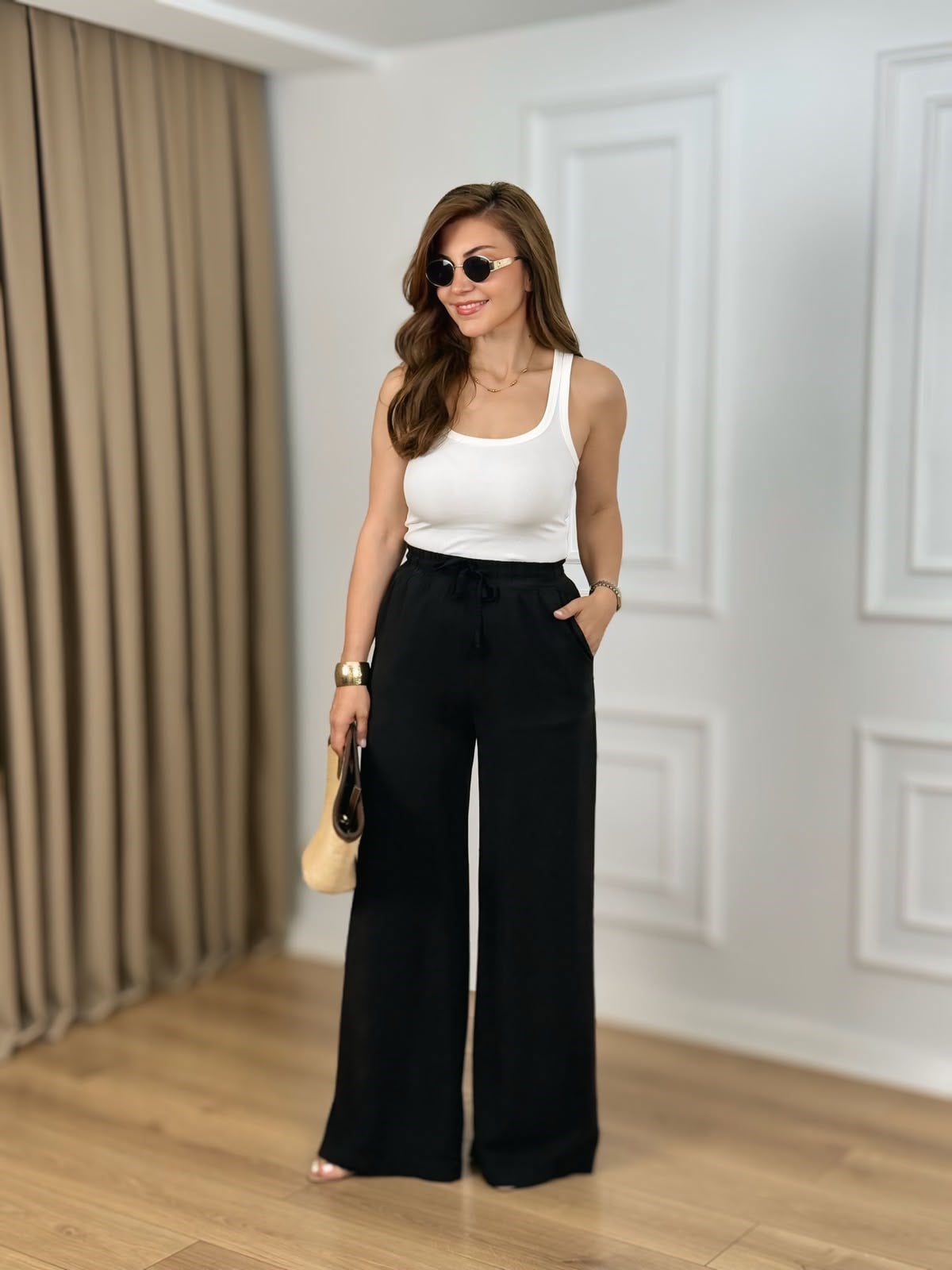 Siyah Yüksek Bel Beli Lastikli Tensel Kumaş  Pantolon 7256