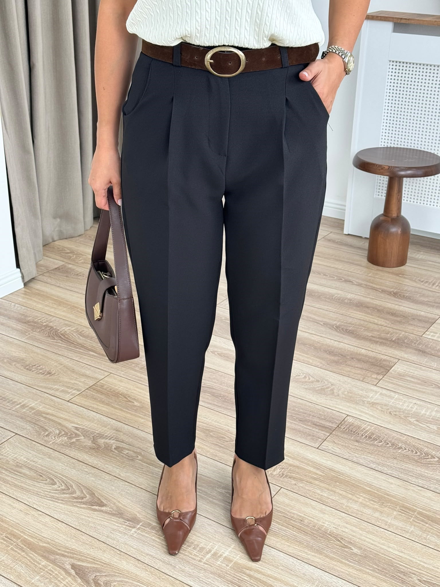 Siyah Yüksel Bel Kemerli Double Krep Kumaş Pantolon 51428