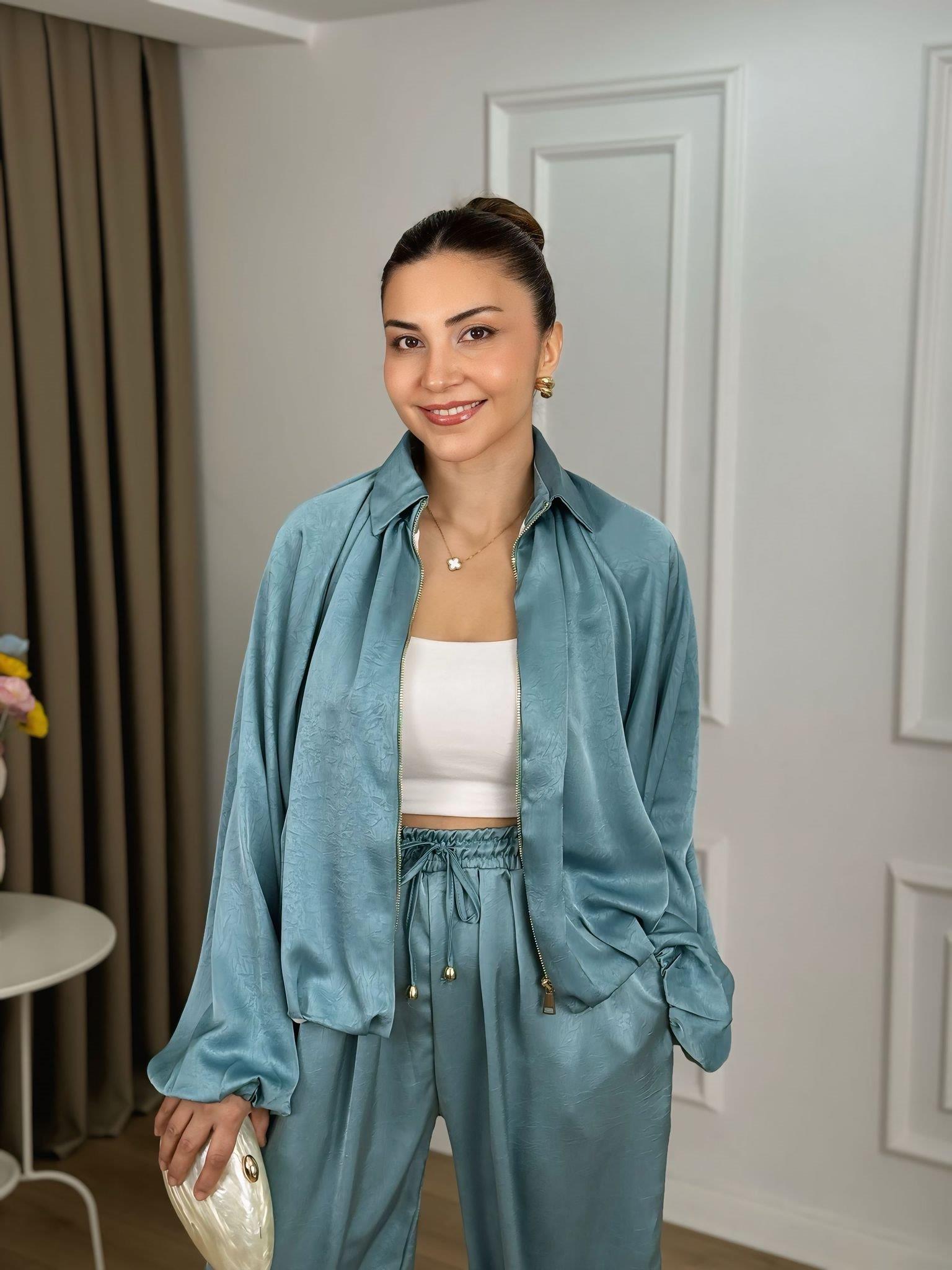 Su Yeşili Beli Lastikli Yarasa Kol Oversize Kalıp Ceket Pantolon Takım 26101