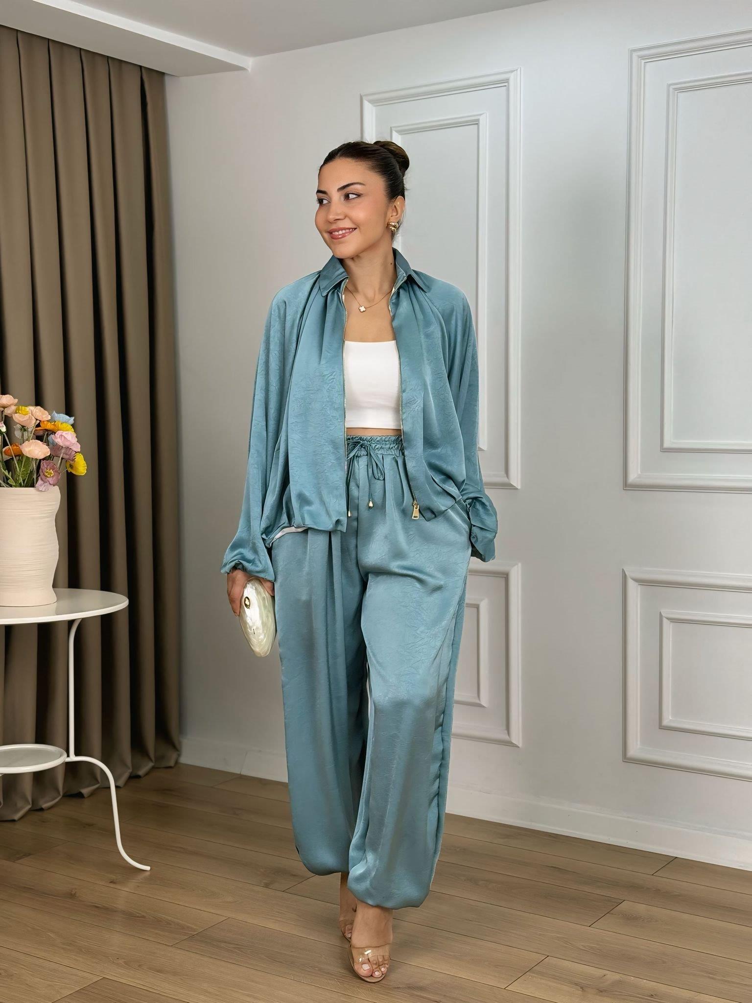 Su Yeşili Beli Lastikli Yarasa Kol Oversize Kalıp Ceket Pantolon Takım 26101