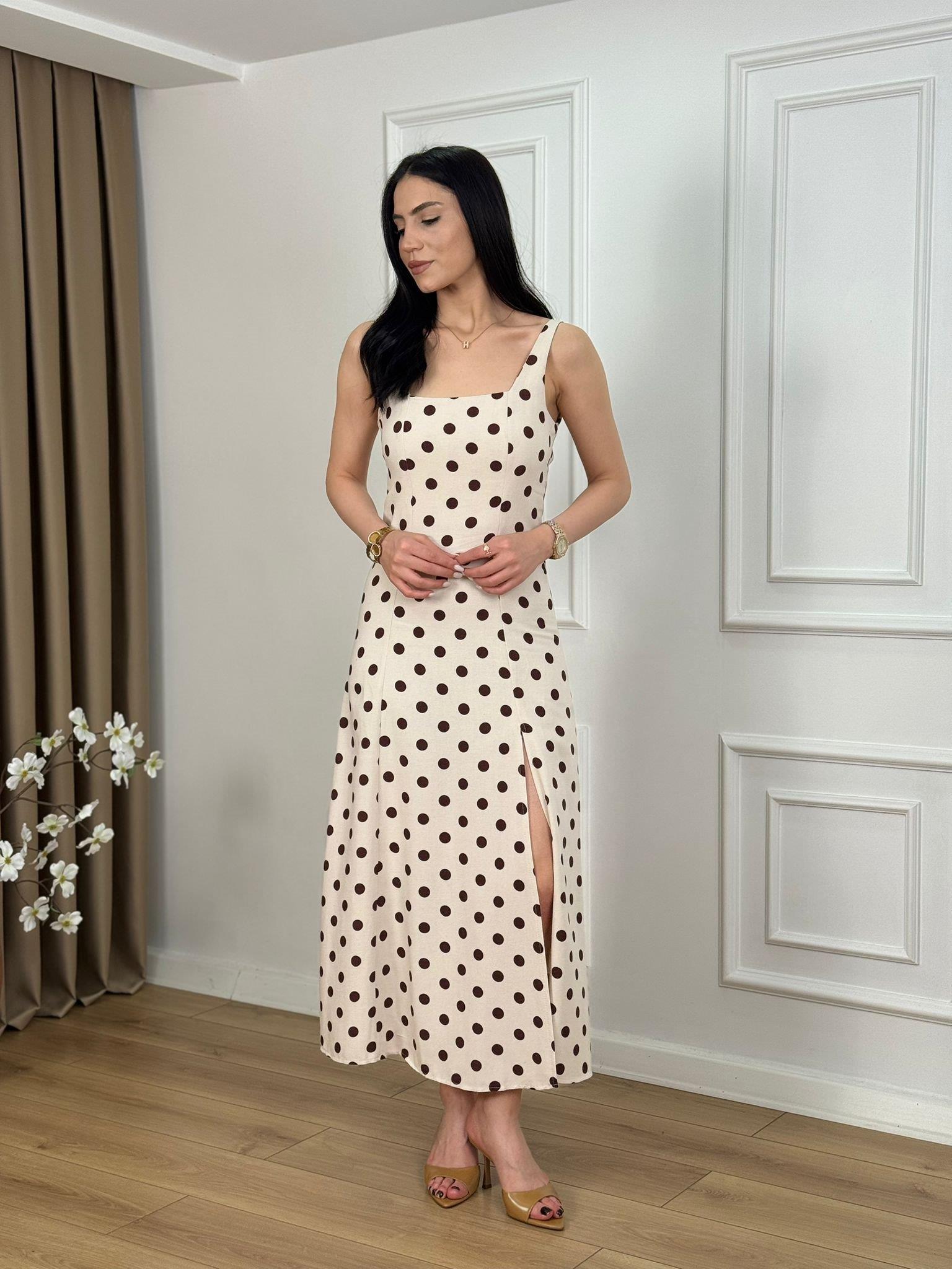 Taş Kare Yaka  Yandan Yırtmaçlı Puantiyeli Keten Elbise 6136