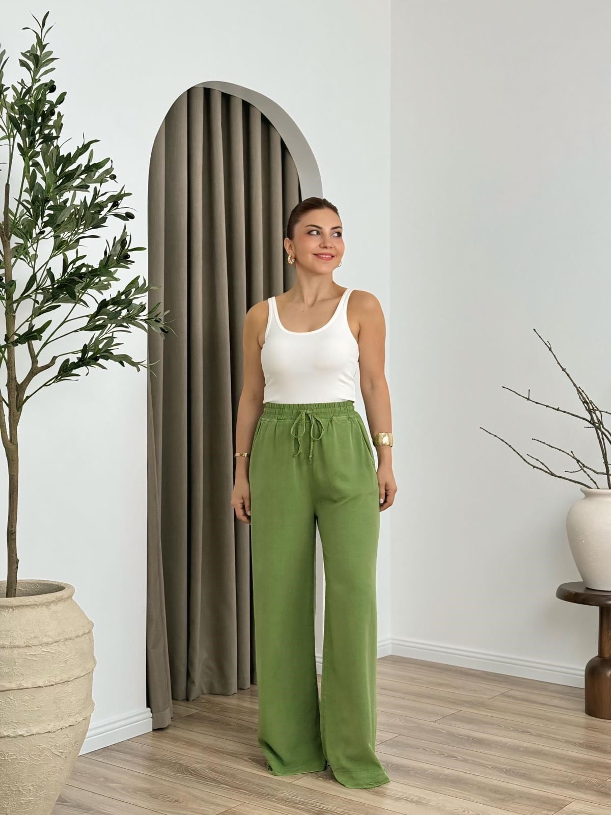 Yeşil Yüksek Bel Beli Lastikli Tensel Kumaş  Pantolon 7256
