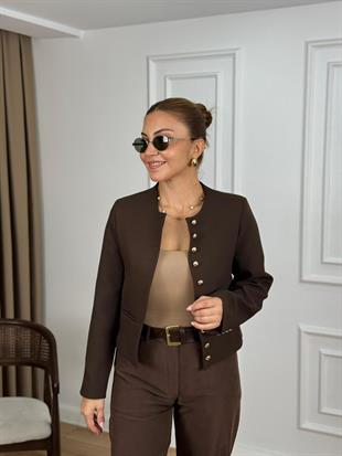 Acı Kahve Bisiklet Yaka Gold Düğmeli Kısa Ceket 6584