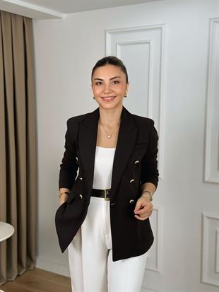 Acı Kahve Kruvaze Yaka Scuba Krep Kumaş Astarlı Ceket 6228