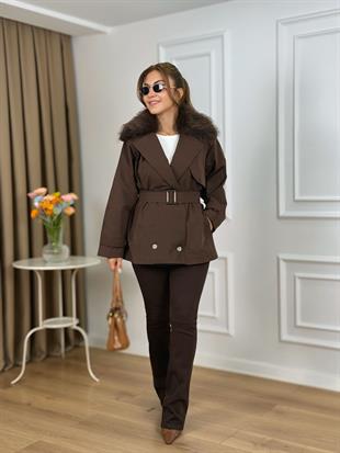 Acı Kahve Yakası Kürklü Astarlı Kemerli Trenchcoat 6298