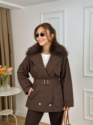 Acı Kahve Yakası Kürklü Astarlı Kemerli Trenchcoat 6298