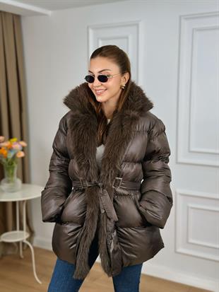 Acı Kahve Yakası Kürklü Beli Kemerli Şişme Mont 14450