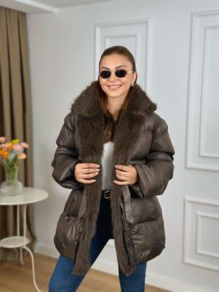 Acı Kahve Yakası Kürklü Beli Kemerli Şişme Mont 14450