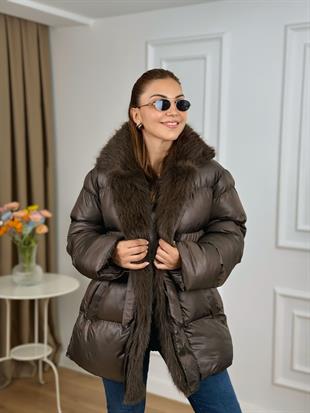 Acı Kahve Yakası Kürklü Beli Kemerli Şişme Mont 14450