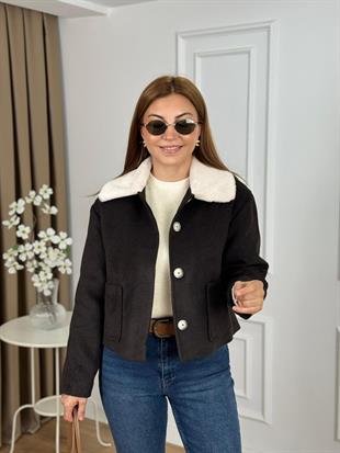 Acı Kahve Yakası kürklü Düğmeli Cepli Kısa Kaban 6310