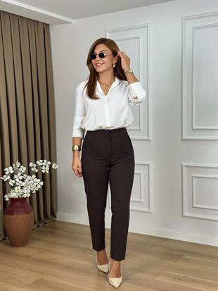 Acı Kahve Yüksek Bel Flatolu Pantolon 0513