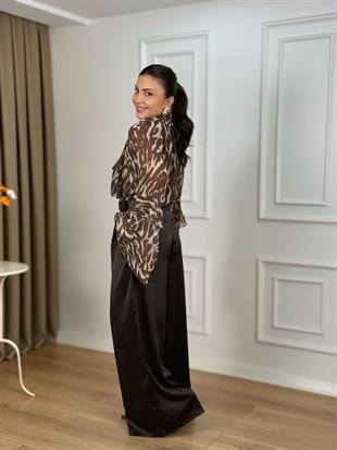 Acı Kahve Yüksek Bel Kemerli İçi Viskoz Pamuk Saten Pantolon 51267