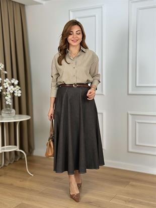 Acı Kahve Yüksek Bel Parçalı Dikişli Etek 1278