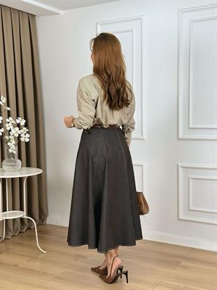 Acı Kahve Yüksek Bel Parçalı Dikişli Etek 1278