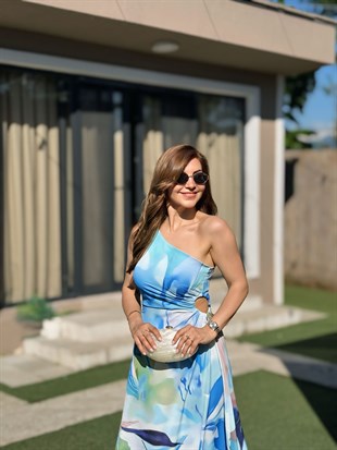 Akdeniz Mavi Tek Omuz Bel Dekolteli Elbise255956