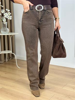 Antik Kahve Yüksek Bel Dikişli Paça Relax Likralı  Kot Pantolon 7026