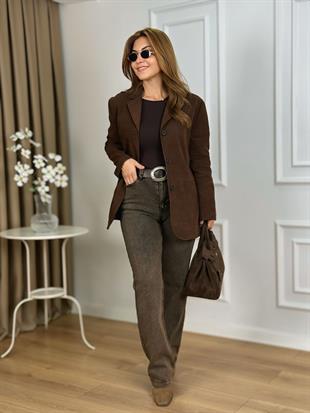 Antik Kahve Yüksek Bel Dikişli Paça Relax Likralı  Kot Pantolon 7026