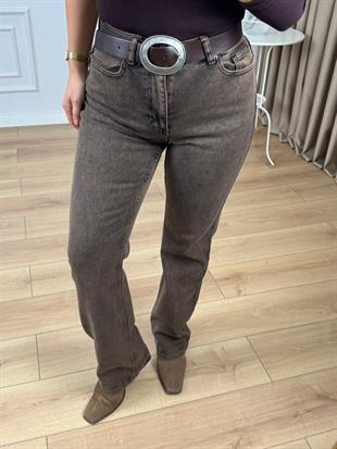 Antik Kahve Yüksek Bel Dikişli Paça Relax Likralı  Kot Pantolon 7026